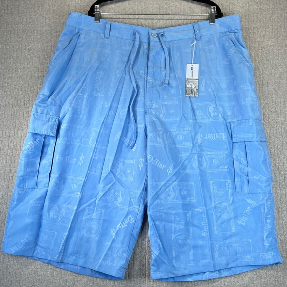 New Gangsta $100 Dollar Bill GODBODY Denim Tech Cargo Board Shorts Men 44 Blue - Picture 1 of 13